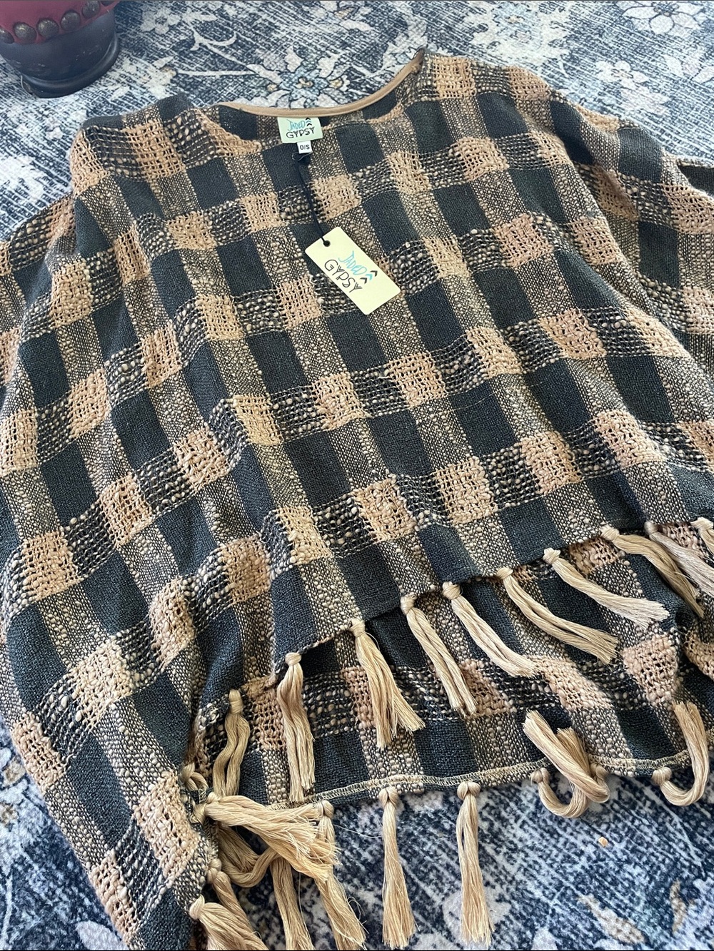 Jaded Gypsy Charcoal gray and Tan Checkered Fringe Poncho Sweater one size